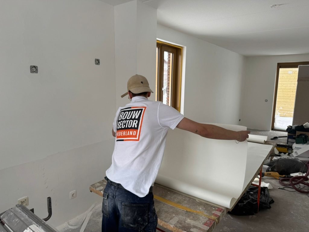Behanger van Bouwsector Nederland rolt een baan wit behang uit over de plaktafel in een woning in afbouw