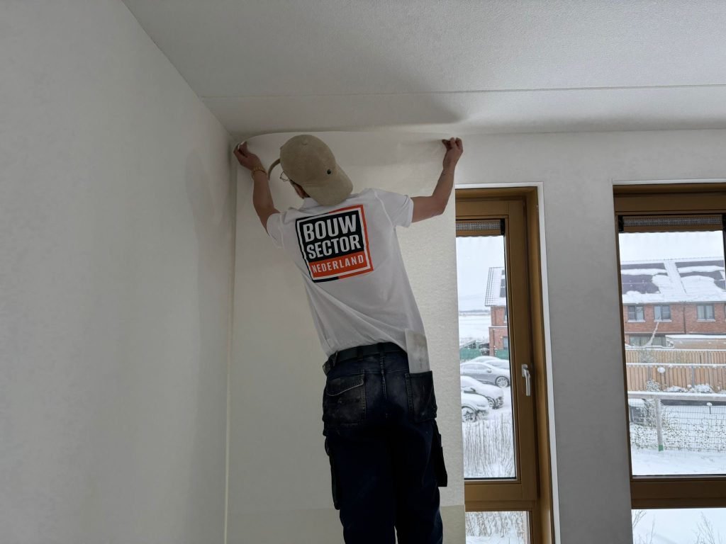 Behanger van Bouwsector Nederland drukt een baan tegen de bovenkant van de muur, vlak onder het plafond